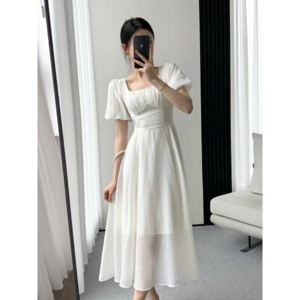 Đầm midi cổ vuông trắng tay phồng ngắn lụa phối voan đi biển dự tiệc cao cấp size S M L bigsize chiết eo tôn dáng xếp