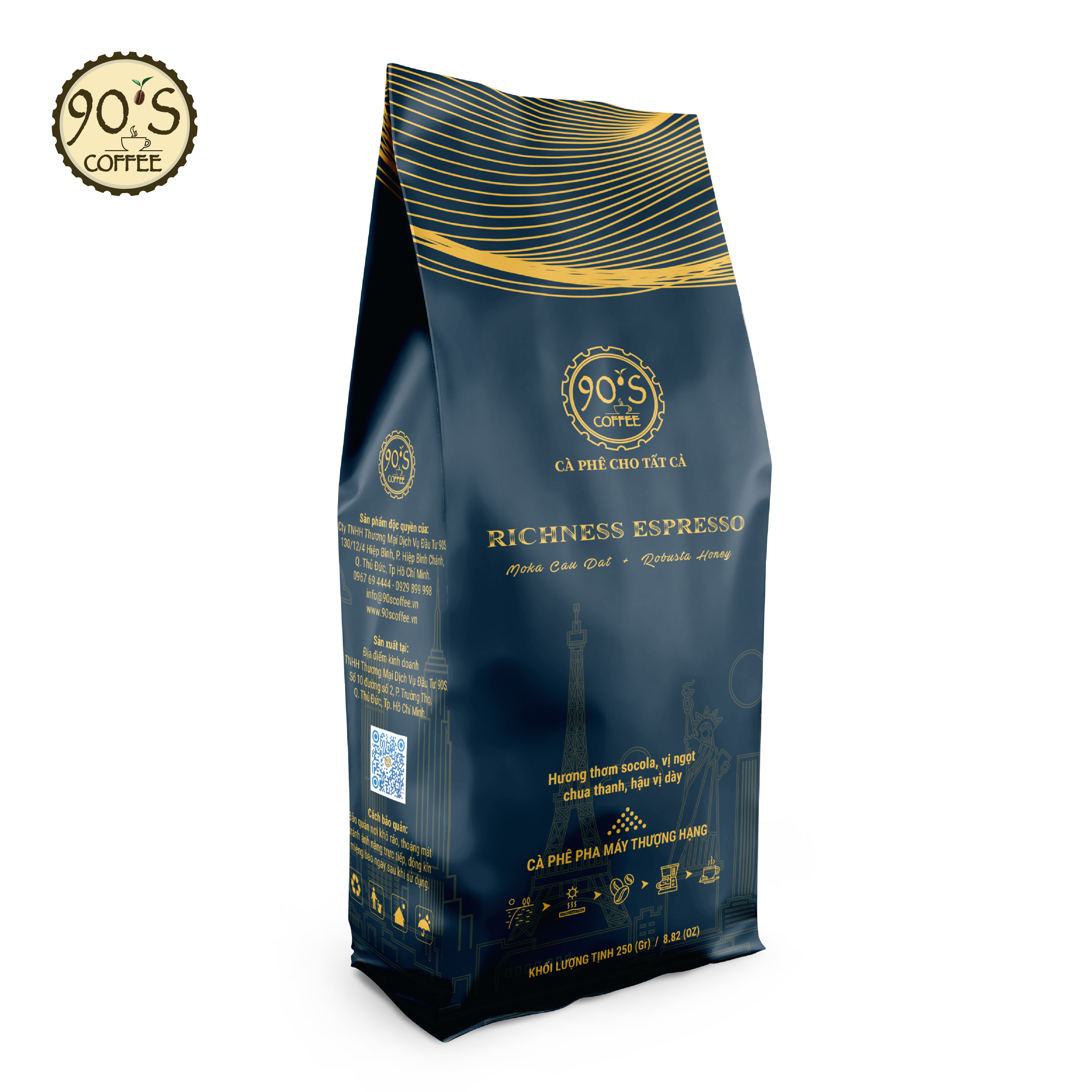 Cà Phê Bột Rang Xay Thượng Hạng | RICHNESS ESPRESSO | 90S Coffee | Gu Café Chuẩn Vị Châu Âu Dành Riêng Cho Giới Thượng Lưu &amp; Quý Tộc | Cà Phê Pha Máy Cao Cấp