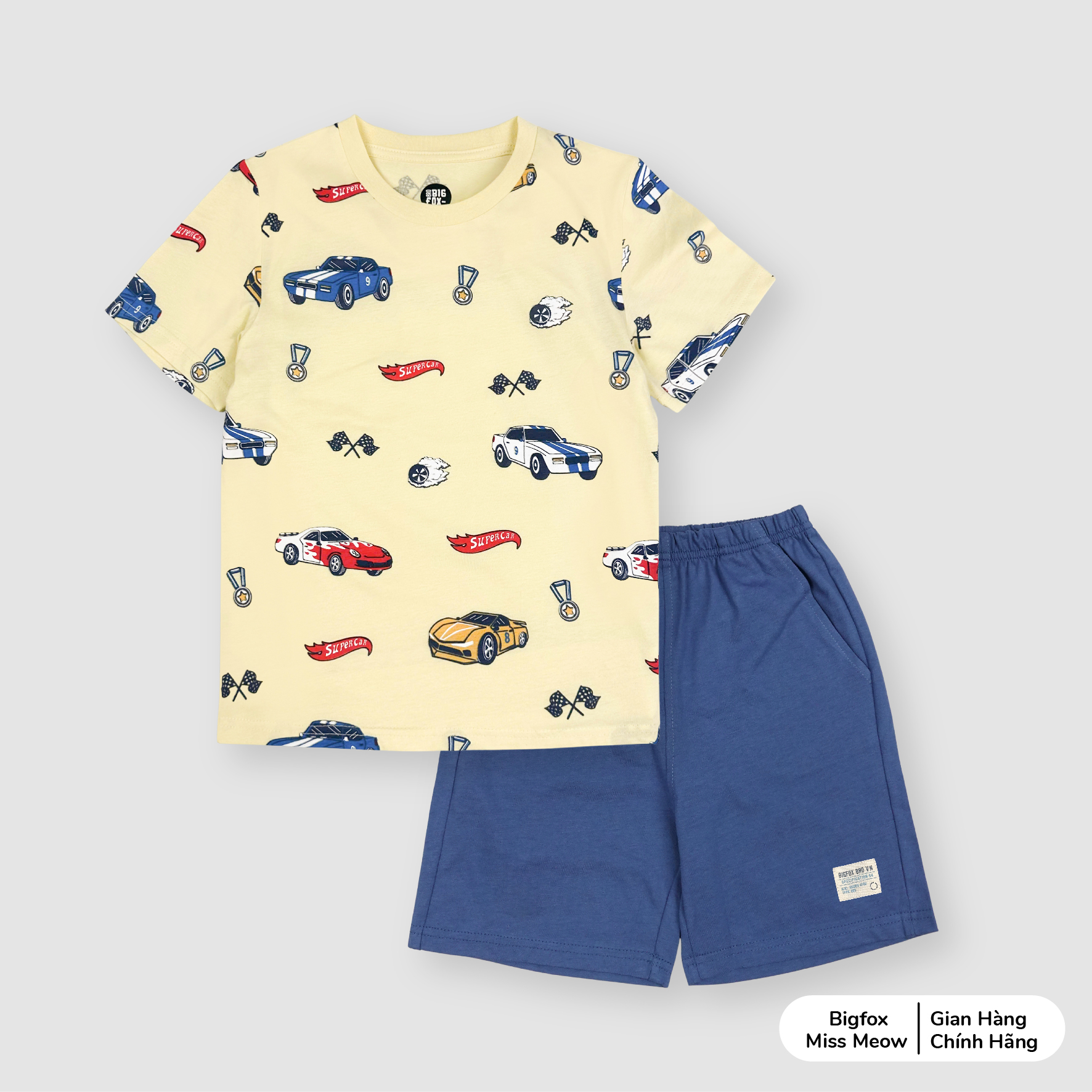 Bộ bé trai Bigfox Miss Meow cộc tay mùa hè, chất cotton size đại in ô tô 3,7,9,11 tuổi 30kg 40kg