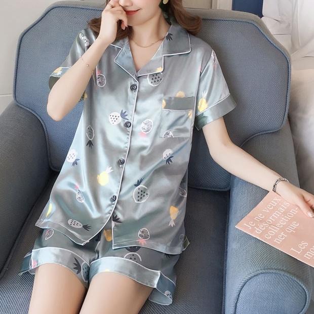 Bộ đồ Pijama lụa quả dứa mới đồ ngủ nữ mùa hè ngắn tay quần áo ở nhà