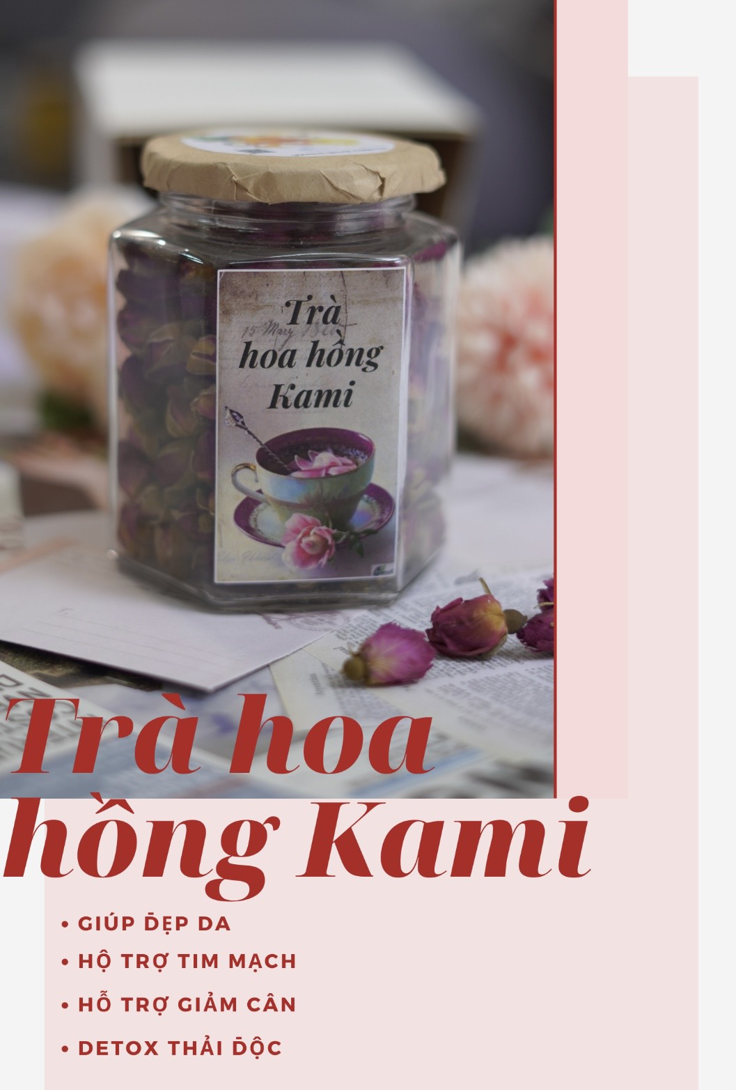Combo 3 Trà Hoa Hồng Kami sấy lạnh 50g; Hỗ trợ giảm cân, giảm stress, detox cơ thể, đẹp da và điều hòa khí huyết