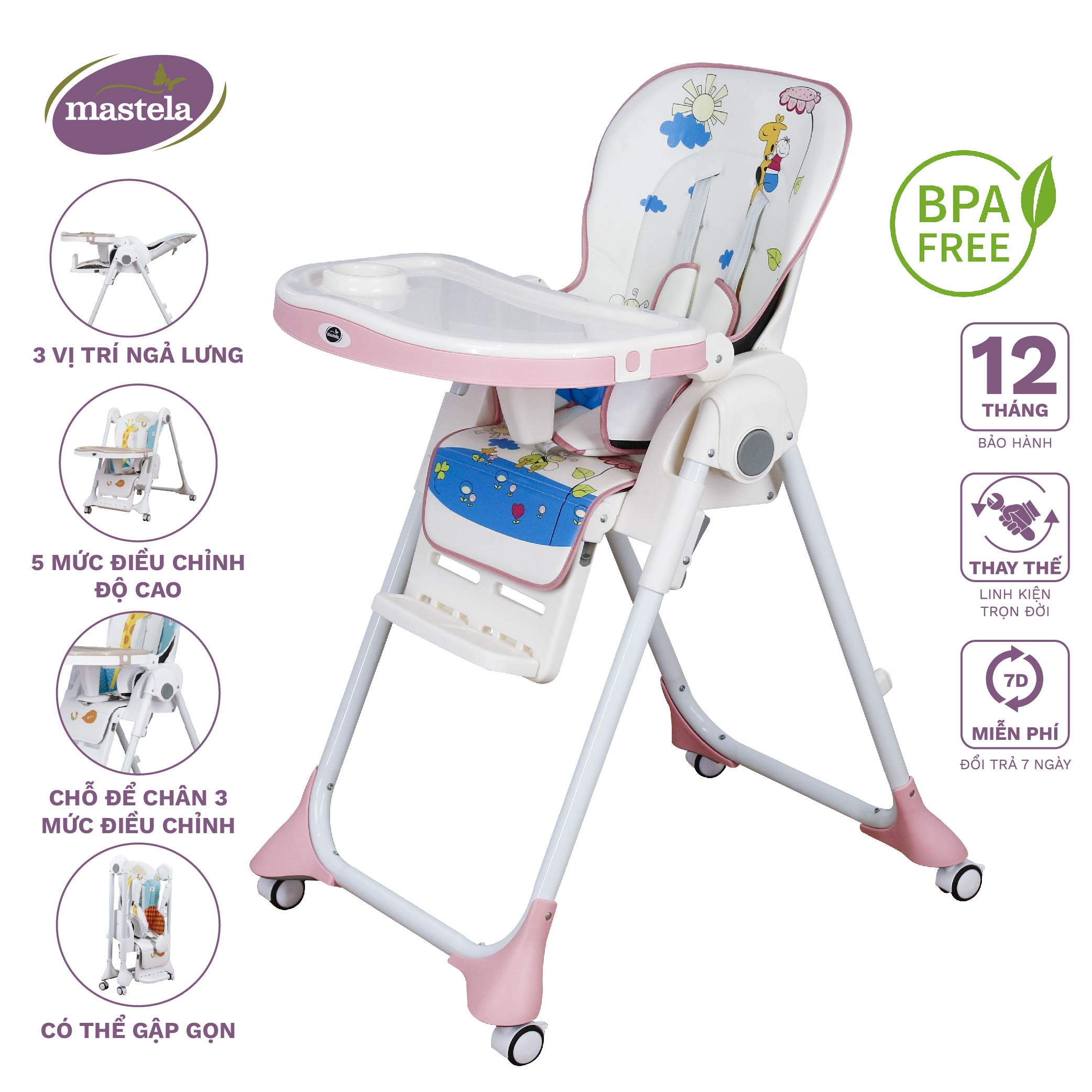 Ghế Ngồi Ăn Dặm Mastela 1015 Có Thể Điều Chỉnh Độ Cao, Ngả Lưng, Có Bánh Xe Cho Bé 6 Tháng Đến 5 Tuổi Chuẩn Astm Mỹ - Hưu Cao Cổ - T3