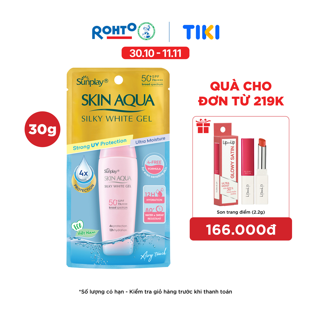 Kem chống nắng Skin Aqua dưỡng trắng &amp; dưỡng ẩm, dùng hàng ngày dạng gel Sunplay Skin Aqua Silky White Gel Eco Việt Nam SPF 50, PA++++ 30g