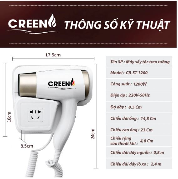 Máy sấy tóc gắn tường CREEN CR-ST1200, sấy nhanh khô, ion âm dưỡng ẩm không hại tóc - Hàng chính hãng
