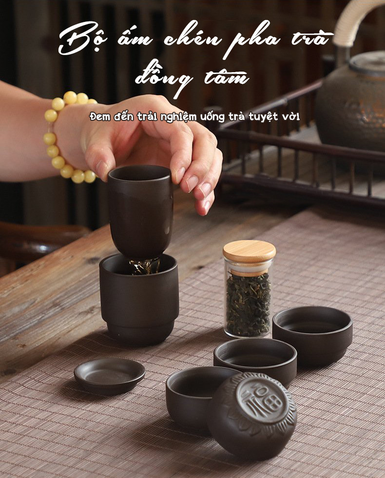 Bộ Ấm Pha Trà Du Lịch Tiện Lợi Mini Gốm Sứ Cát Tím Họa Tiết Trơn Quà Tặng Ý Nghĩa