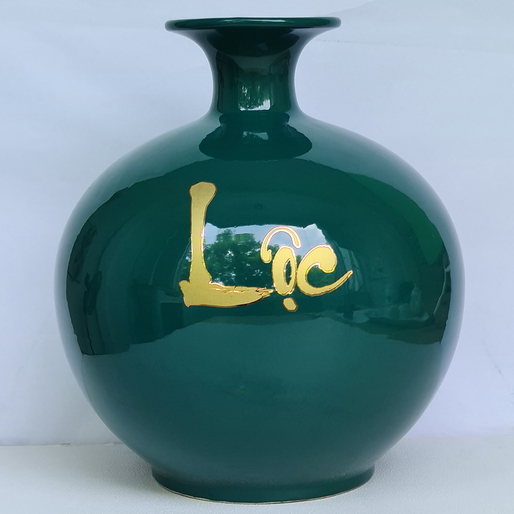 Bình Hút Lộc Gốm Sứ Xanh Ngọc Vẽ Vàng Chữ Lộc - 28 Cm - Mx