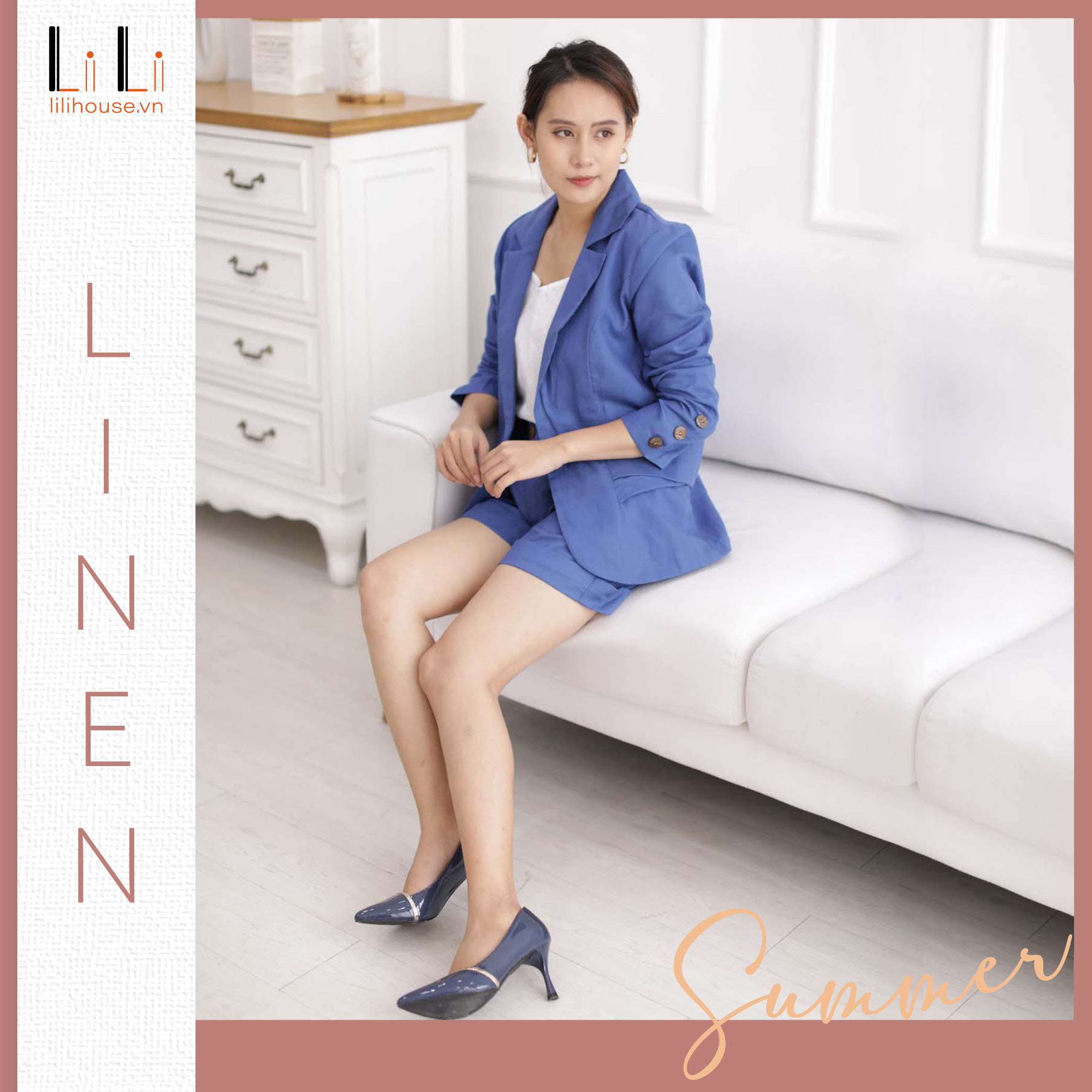 Set Vest, BLAZER nữ LINEN cao cấp - Màu Xanh Coban