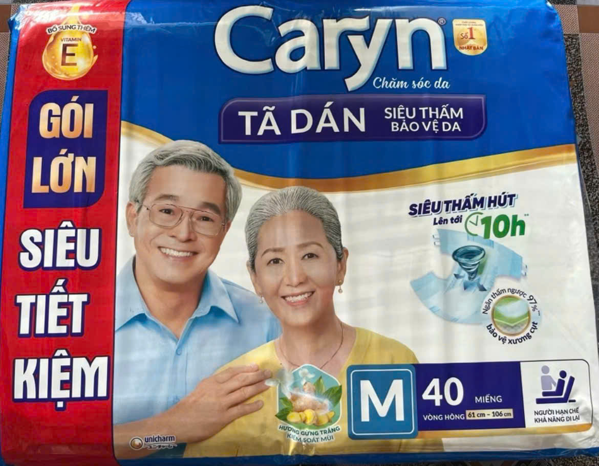 40 Miếng Tã Dán Người Già Siêu Thấm Caryn Size M 40 Miếng Vòng Hông 61 đến 106 Cm - Bỉm Dán Người Cao Tuổi Size M40 Caryn