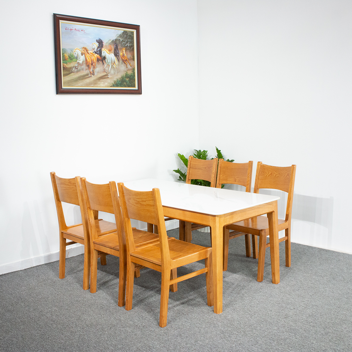Bàn Ăn Gỗ Sồi 6 Ghế Cao Cấp Mặt Đá Trắng Hiện Đại