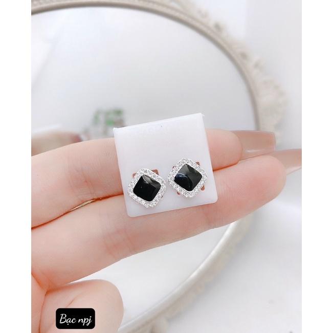 Bông tai viền đá vuông sơn đen phong cách, Hoa tai nữ Bạc Ta- Bạc Npj