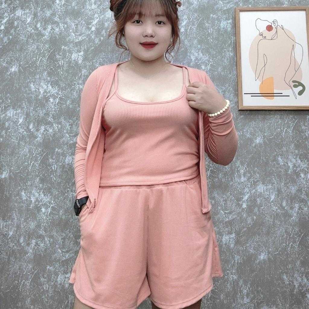 Set 3 món bigsize nữ gồm áo khoác ngoài và áo dây và quần đùi lưng thun chất liệu gân co giã mát mẻ SET12