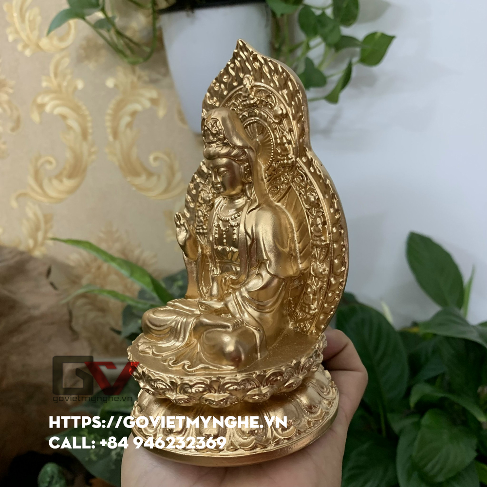 Tượng đá Quan Thế Âm Bồ Tát ngồi đài sen + chữ "Phật" - Chiều cao 15cm - Màu nhũ đồng