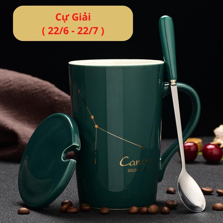 Ly cốc sứ có nắp kèm thìa in hình 12 cung hoàng đạo cực đẹp