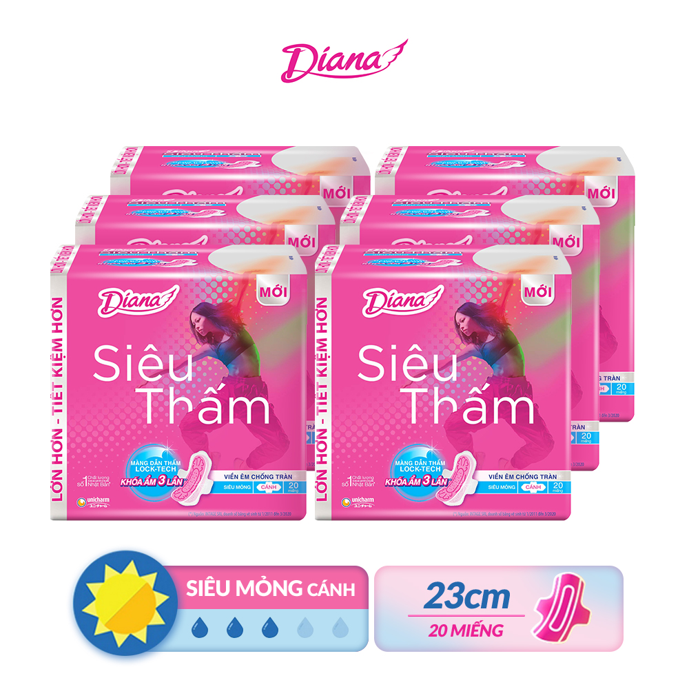 Bộ 6 Băng vệ sinh Diana siêu thấm siêu mỏng có cánh (gói 20 miếng)