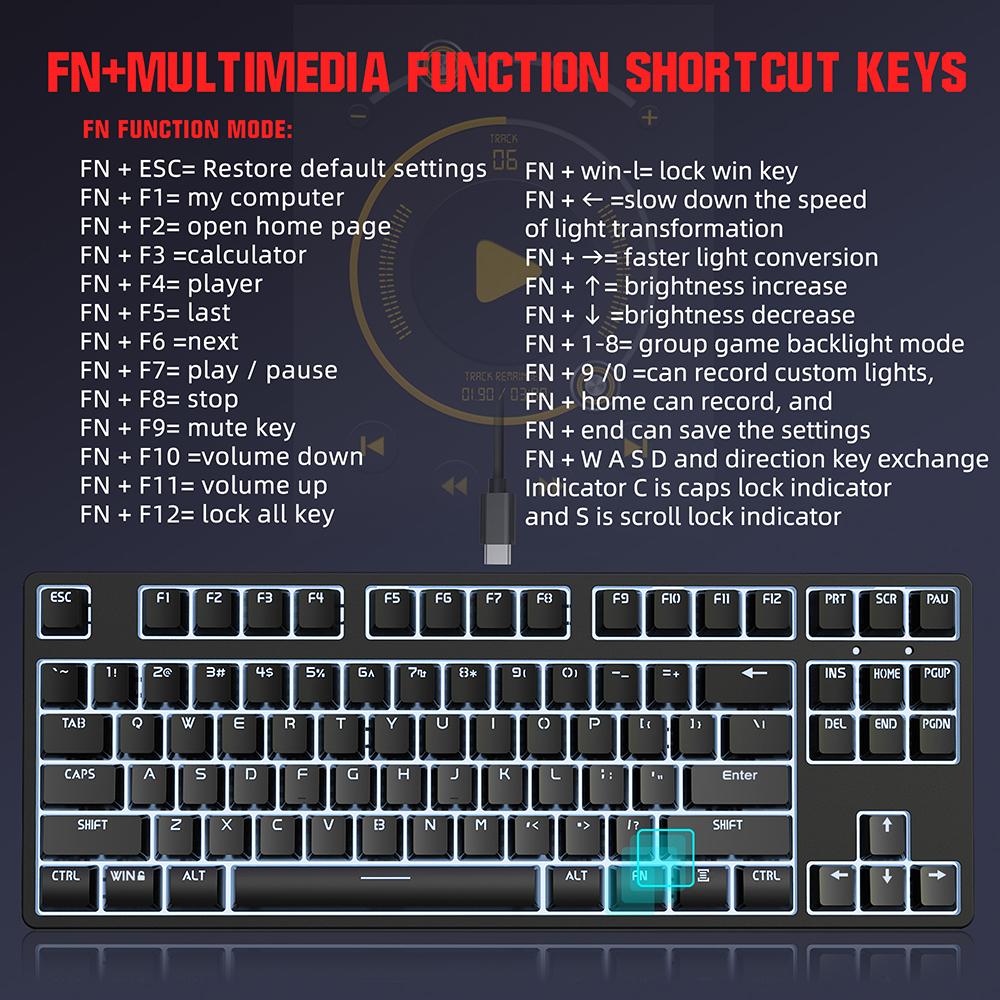 HXSJ L600 87 Keys Wired Mechanical Keyboard Two-color Injection Keycap White Backlight Detachable Type-C Cable