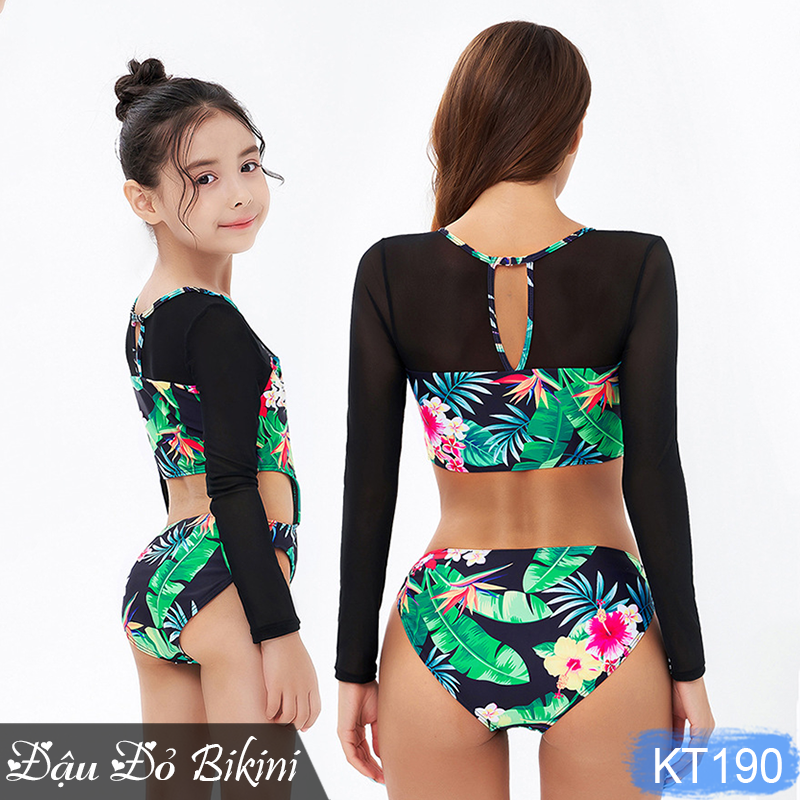 Bikini đồ bơi đôi cho mẹ và bé gái, áo tắm liền thân cặp mẹ con, kiểu Âu Mỹ gợi cảm, hoạ tiết lá hoa Hawaii tươi trẻ, chất thun bơi 2 lớp dày dặn, phom đẹp | KT190