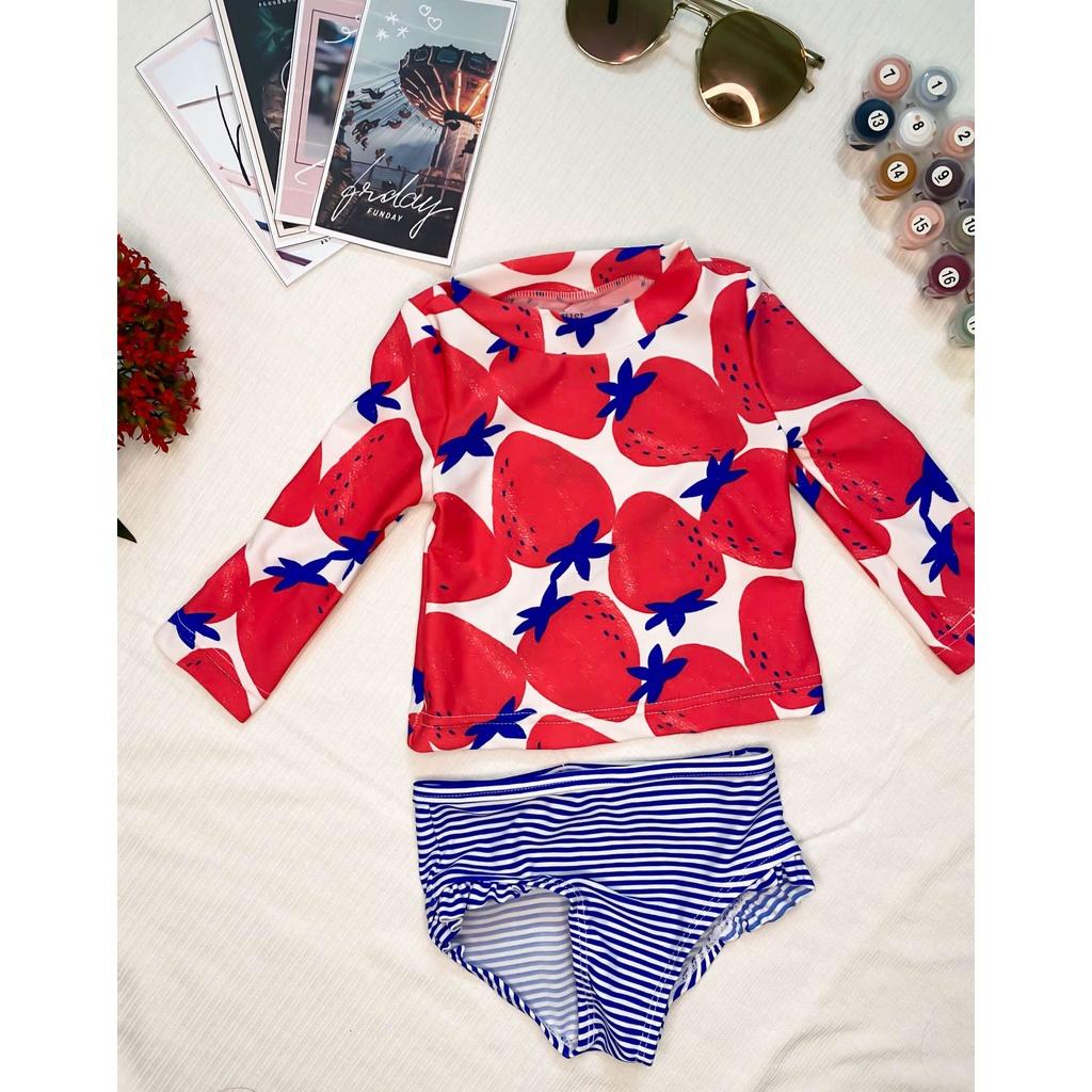 3M-5T Bikini đồ bơi đi biển 2 mảnh trái dâu quần tam giác kẻ sọc bèo nhún bé gái dài tay cổ tròn chống nắng