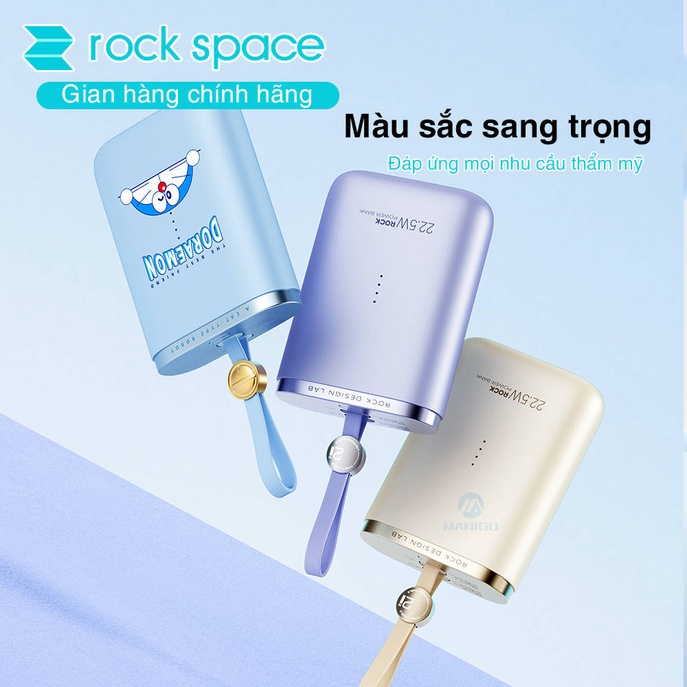 Pin dự phòng mini tích hợp dây sạc Rockspace Powersack 10000mAh sạc nhanh 22.5w hàng chính hãng có bảo hành