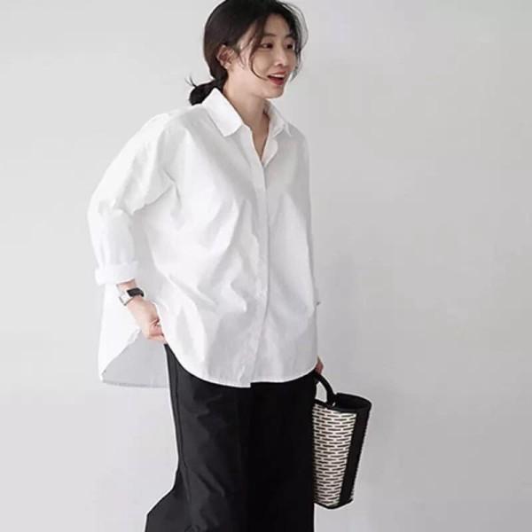 Áo sơ mi trắng dài tay chất lụa hàn oversize, sơ mi trắng basic
