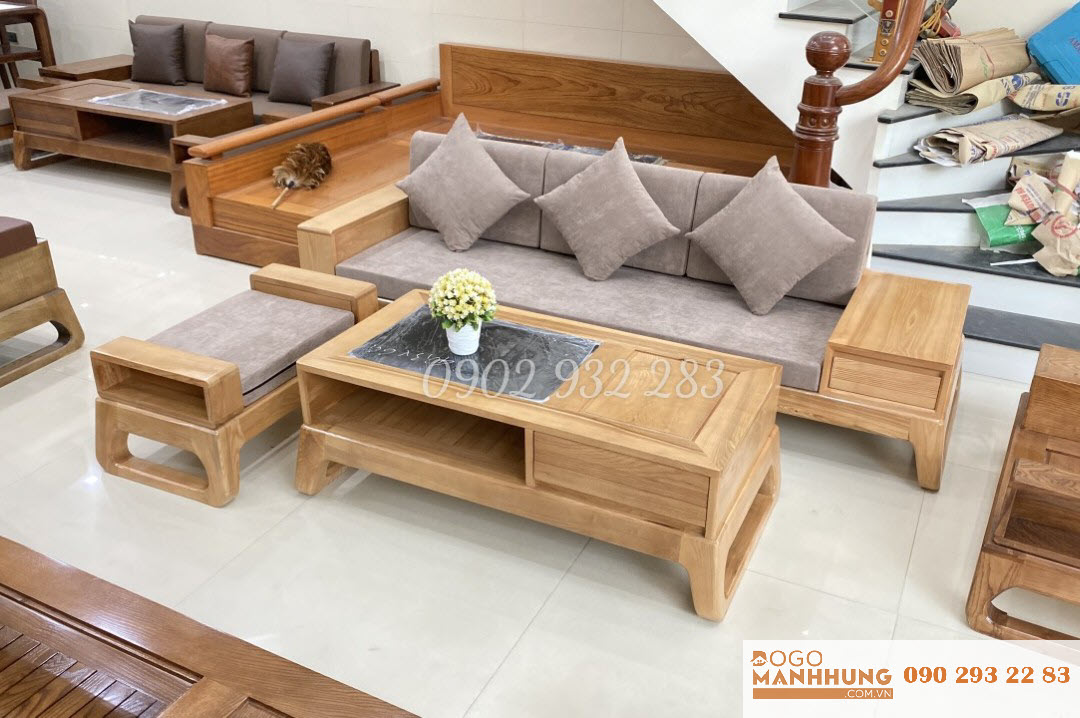 Bộ bàn ghế phòng khách, sofa 3 món gỗ sồi màu tự nhiên