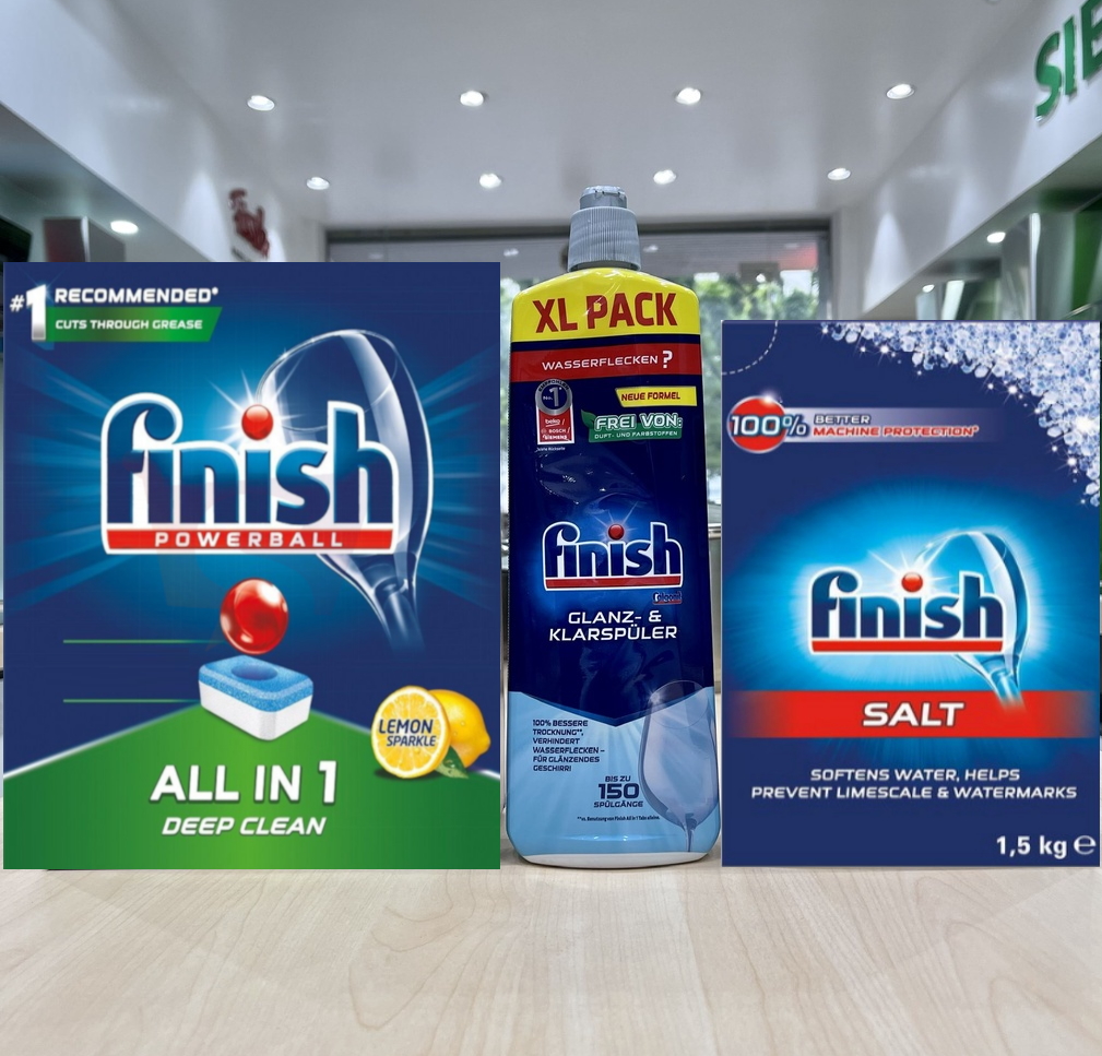 1 bộ gồm viên rửa bát finish 52 viên+muối rửa bát finish 1.5kg+nước làm bóng finish 800ml cho Máy