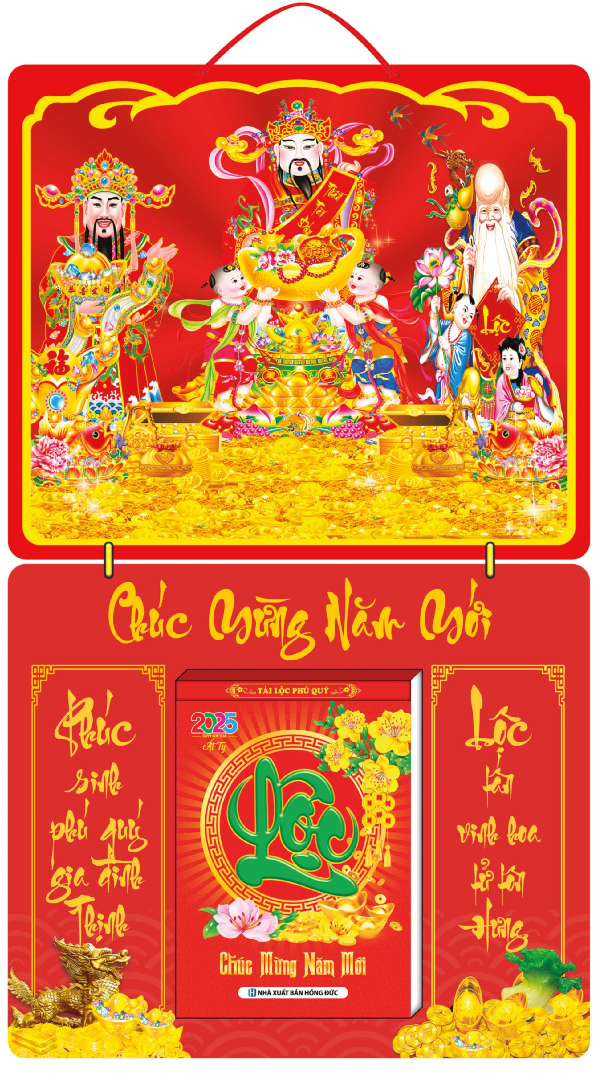 Lịch tết 2025, bìa gấp giữa kích thước 40x68cm in uv tráng gương cao cấp, gắn bloc đại 14.5x20.5cm
