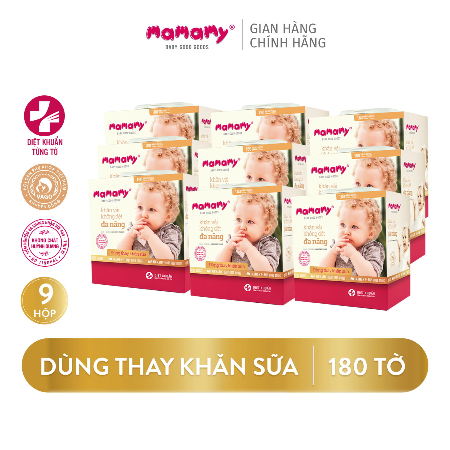 Combo 9 Hộp Khăn khô Mamamy 180 tờ/hộp, an toàn cho bé