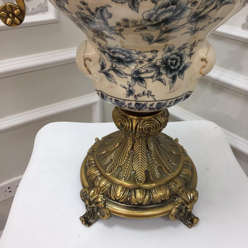 Bình hoa men sứ rạn họa tiết hoa nhí xanh CB30-BH1 mang phong cách tân cổ điển size cao 54 cm.