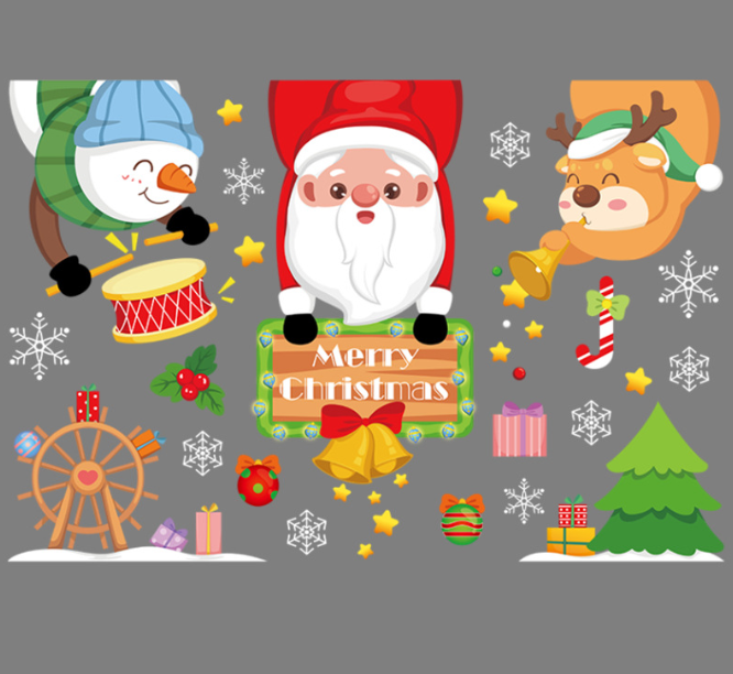 Decal trang trí dán tường - Ông giá noel cầm bảng Merry Christmas đón giáng sinh cùng các bạn