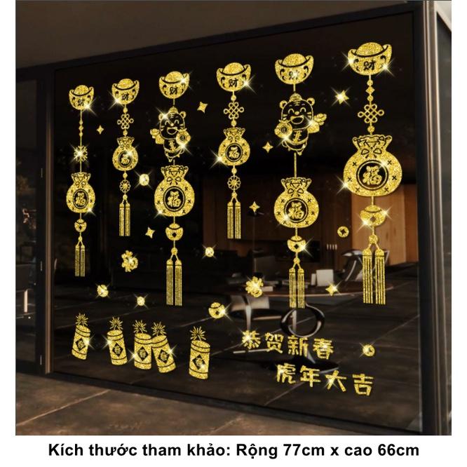 Decal hít tĩnh điện trang trí dán tết - 2 CHÚ MÈO CẦM TÚI TIỀN THỎI VÀNG PHAO NỔ