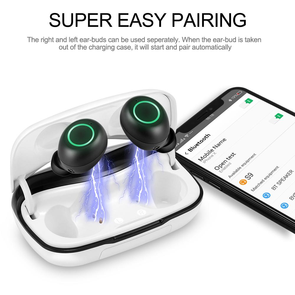 Tai nghe TWS không dây Bluetooth 5.0 Mini In-ear Thể thao chống thấm nước âm thanh nổi có vỏ sạc - Màu trắng