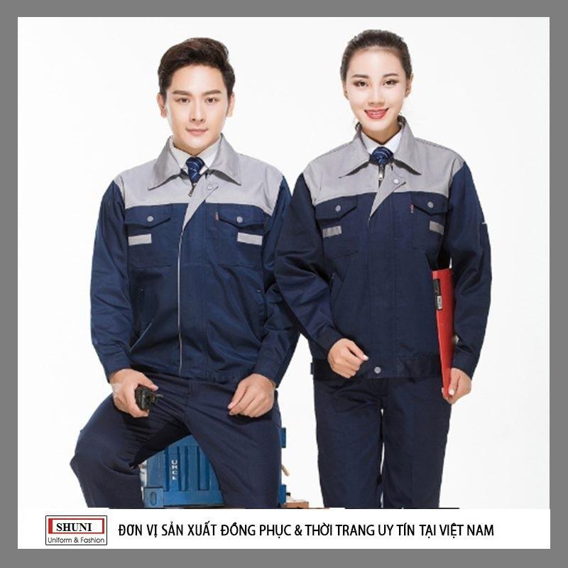 Quần áo bảo hộ lao động dài tay khóa kéo nam nữ kaki loại dày SHUNI
