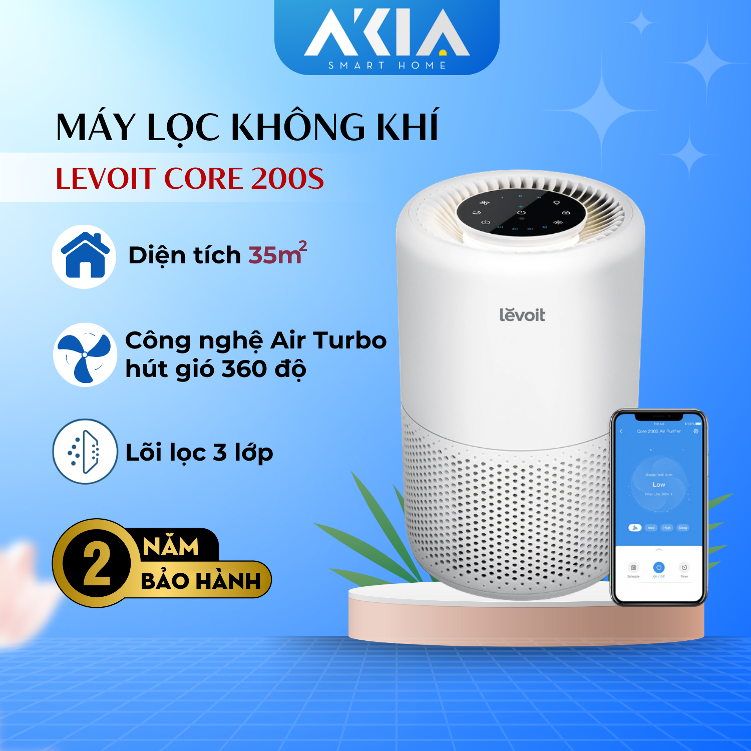 Máy lọc không khí Levoit Core 200s - Diện tích 35m2, Công nghệ Air Turbo - Hàng Chính Hãng