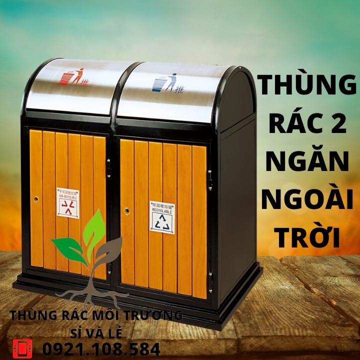 THÙNG RÁC NGOÀI TRỜI 2 NGĂN GIẢ GỖ