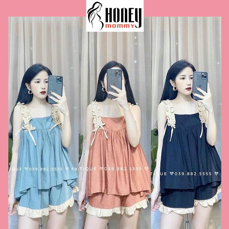 Bộ Đồ Bầu 2 Dây Mặc Ở Nhà Chất Đũi Lụa Mát Gồm Áo Và Quần Đùi Bầu HT4610 Honey Mommy VM Mom