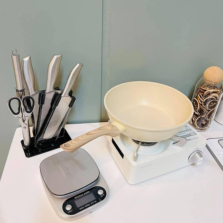 Chảo Chống Dính Bếp Từ Vân Đá Kiểu Nhật Không Nắp Size 20cm/22cm/24cm/26cm/30cm Cán Gỗ, Chảo Đáy Từ Ceramic Màu Trắng Kem Sang Trọng, Cao Cấp Dùng Cho Mọi Loại Bếp