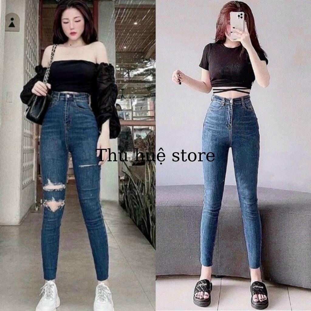 Quần Jeans Cạp Cao Rách Gối Mẫu Hót 2021