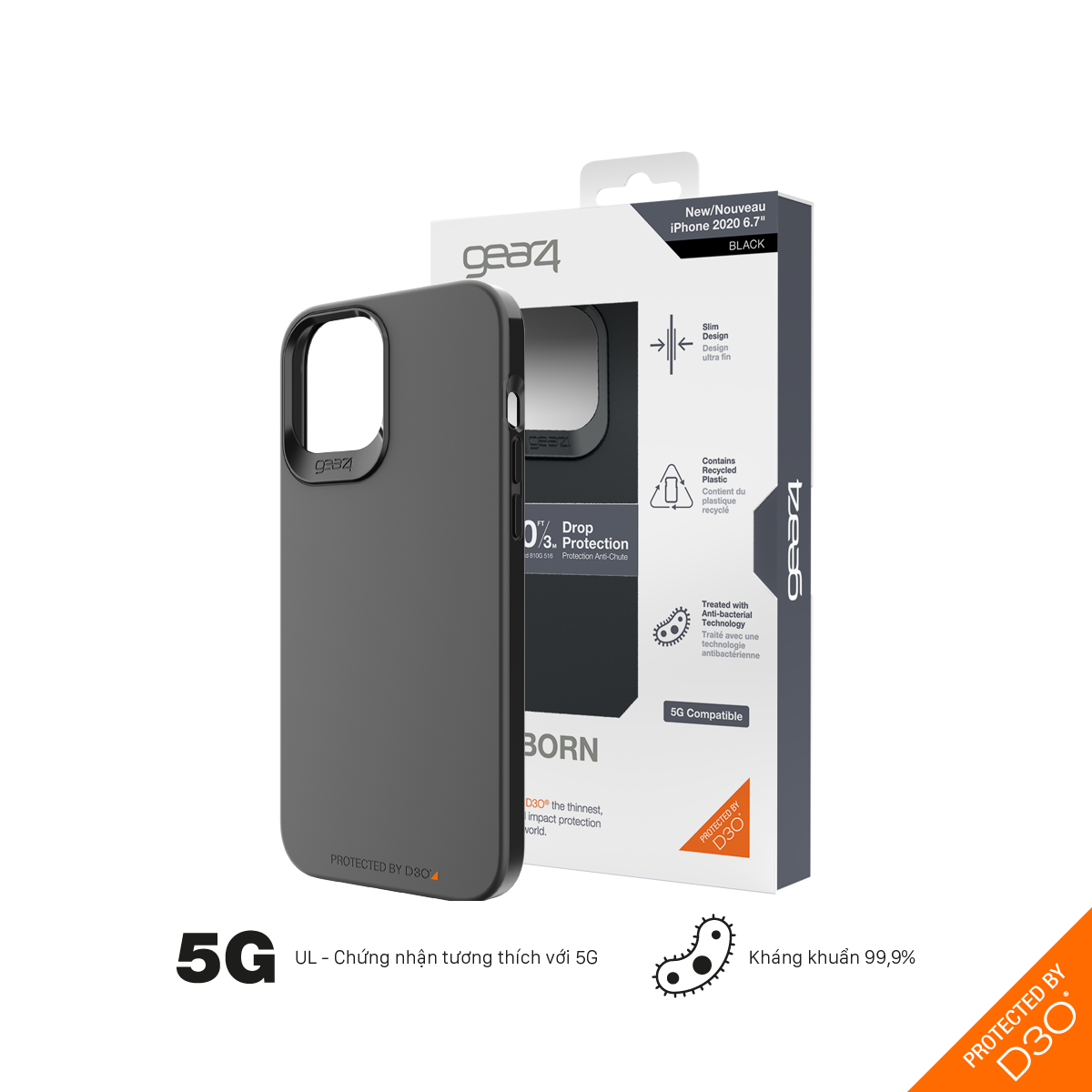 Ốp lưng chống sốc Gear4 D3O Holborn Slim 5G iPhone - Công nghệ chống sốc độc quyền D3O, kháng khuẩn, tương thích tốt với sóng 5G