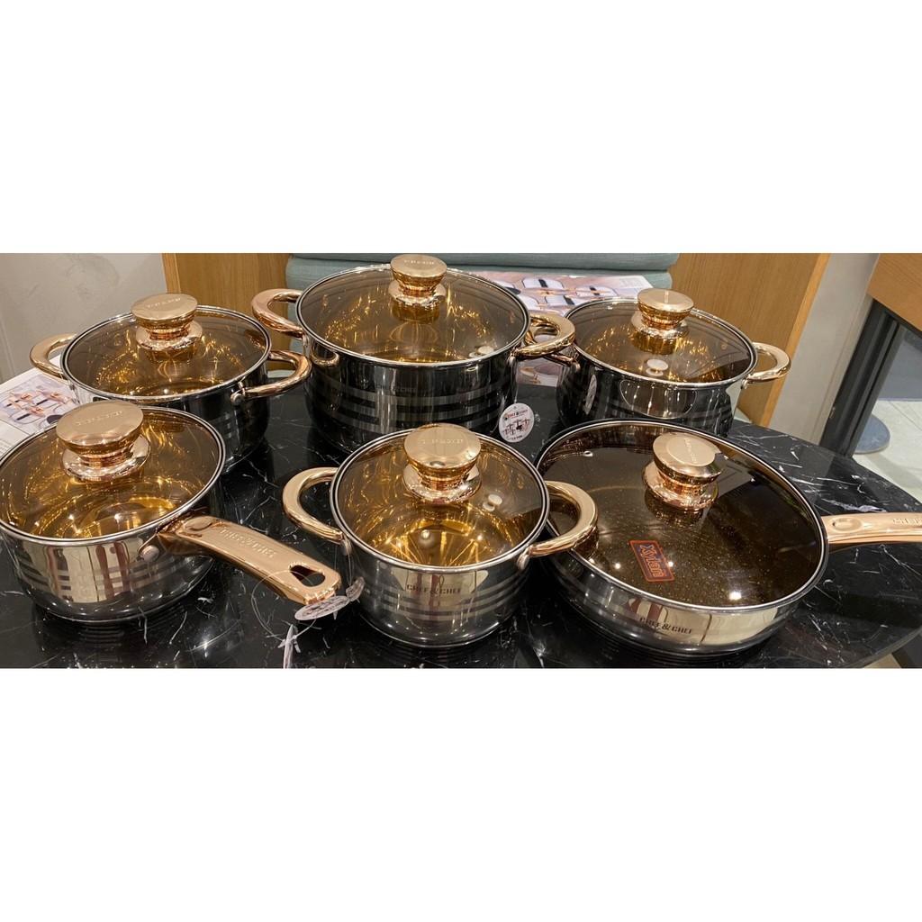 BỘ NỒI VÀ CHẢO 6 MÓN VUNG KÍNH CHEF&CHEF CỰC ĐẸP