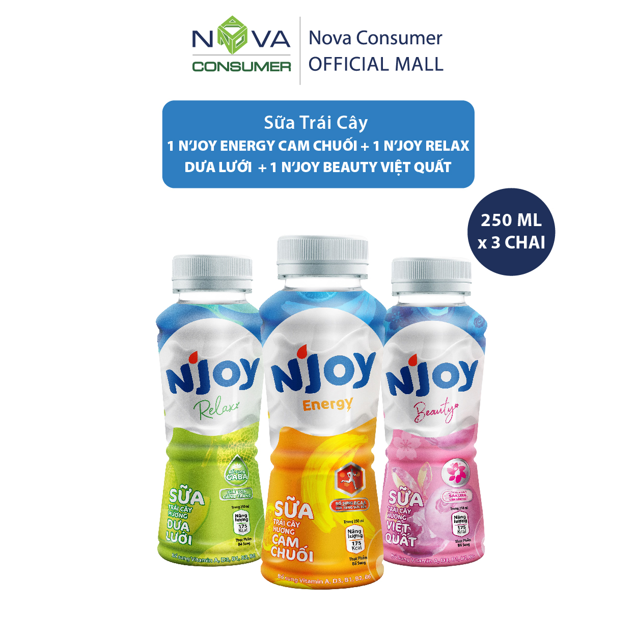 [Combo 3 chai] Sữa trái cây N’Joy Energy Cam Chuối + N’Joy Relax Dưa Lưới + N’Joy Beauty Việt Quất (250ml x 3 chai)