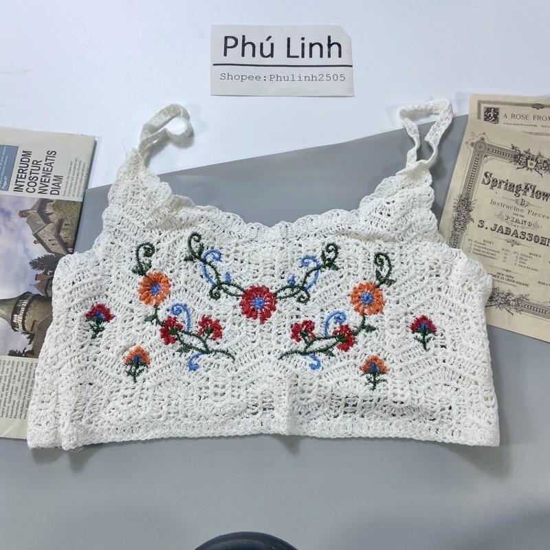 MS574 Áo hai dây đan móc đi biển thêu hoa, mix váy áo
