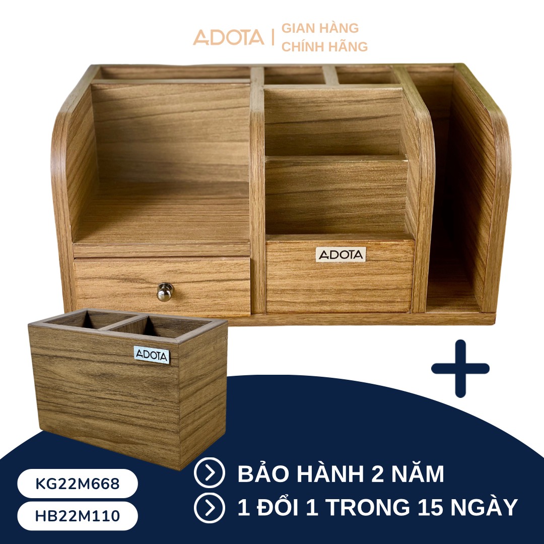 Combo: Kệ gỗ để bàn và hộp cắm bút đôi bằng gỗ để bàn làm việc cao cấp phong cách sang trọng ADOTA