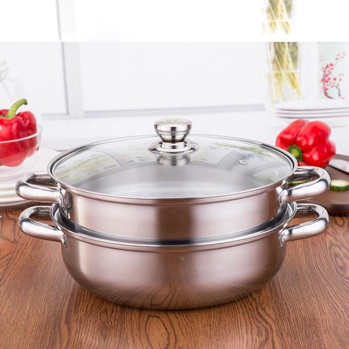 Nồi lẩu kiêm nồi hấp 2 tầng inox nắp thủy tinh cao cấp