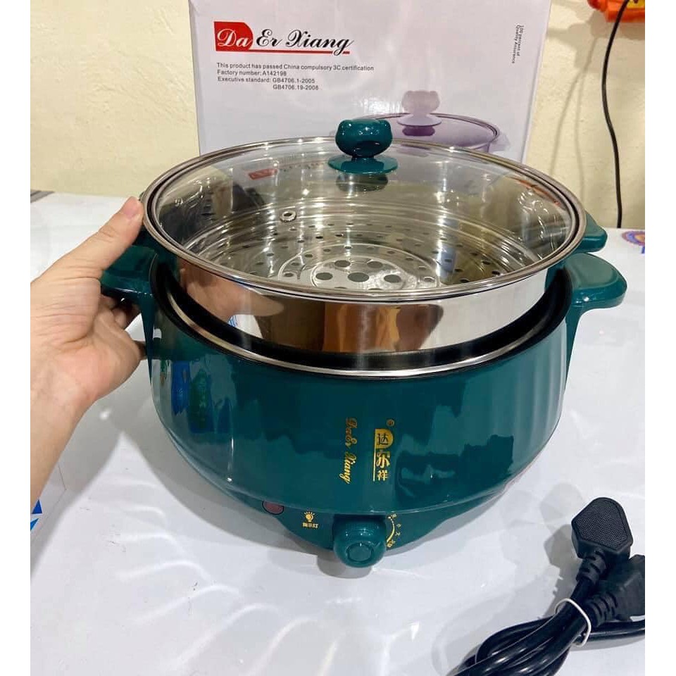 Nồi lẩu điện đa năng 28cm, tặng kèm vỉ hấp - Công suất 1000W