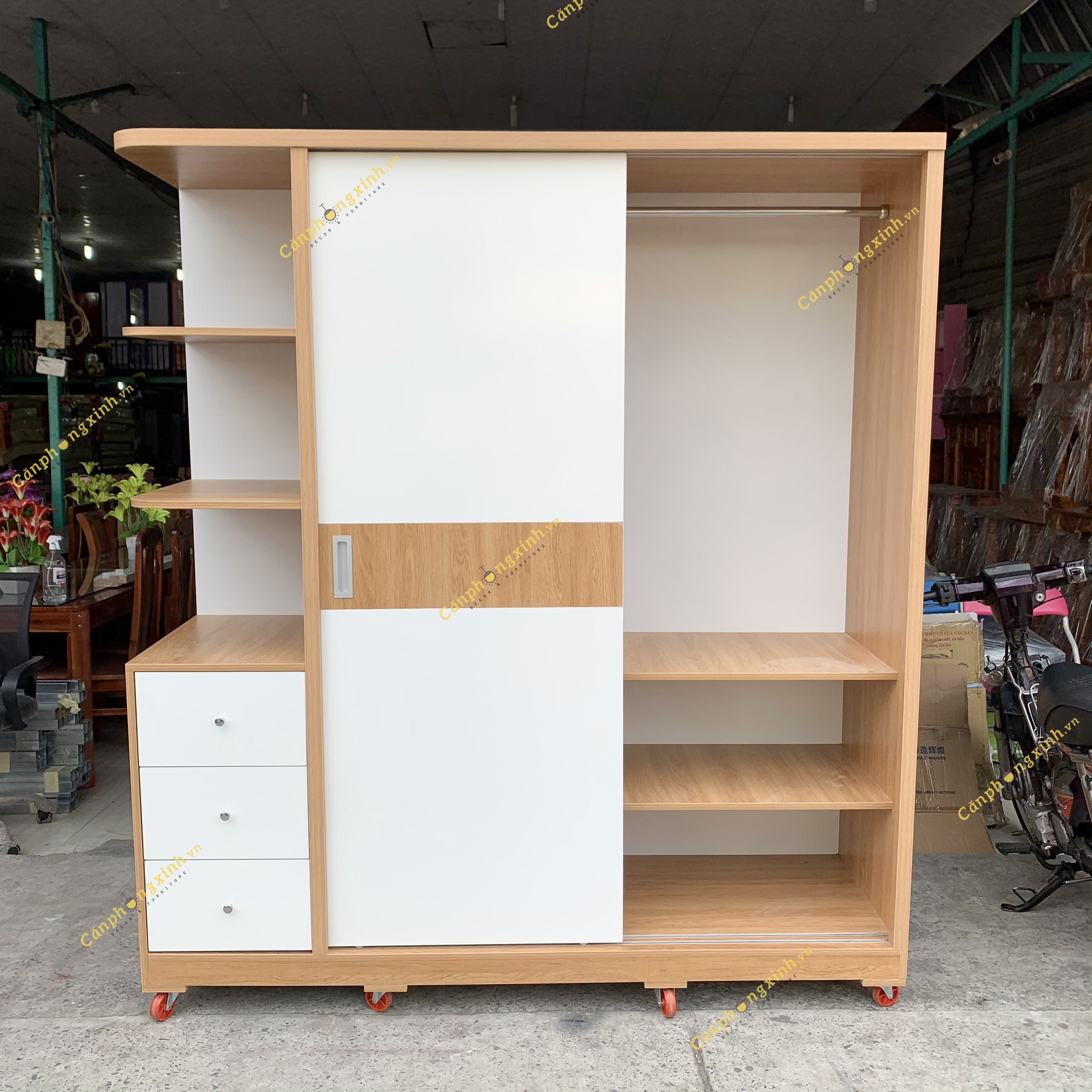 Tủ quần áo CPX-T09, tủ cánh cửa lùa có hộc kệ trang trí, gỗ MDF phủ melamin