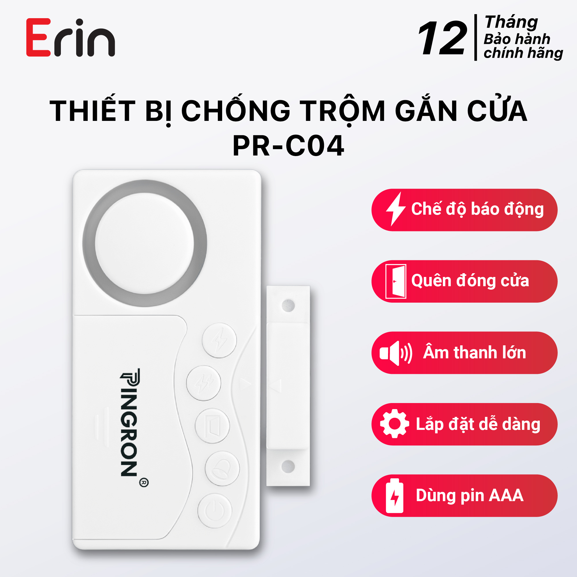 Hình ảnh Thiết bị chống trộm gắn cửa tích hợp nhắc nhở quên đóng cửa PINGRON PR-C04 - Âm thanh báo động lớn, dùng pin AAA, bảo hành 12 tháng