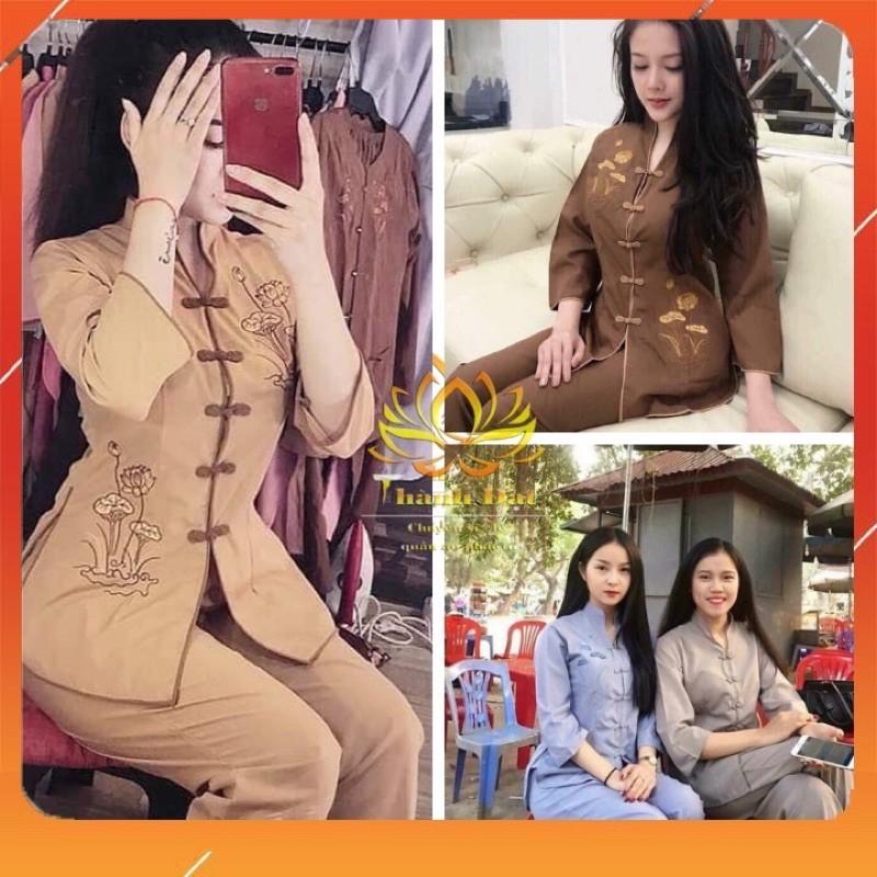 Đồ Lam Đi Chùa quần áo Phật Tử bộ bà lai cổ tàu thêu sen