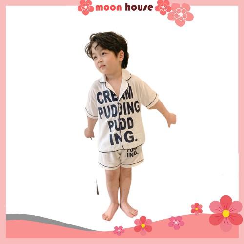 Bộ ngủ lụa cộc tay cho bé, bộ ngủ pijama cộc tay in chữ cho bé từ 6-27kg