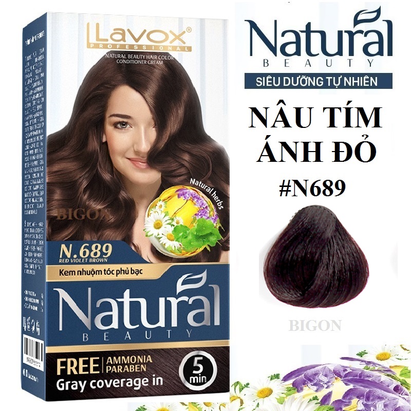 (Nâu Tím Ánh Đỏ) Kem Nhuộm Phủ Bạc Cao Cấp Siêu Dưỡng, Tự Nhiên Lavox N.689 - Red Violet Brown