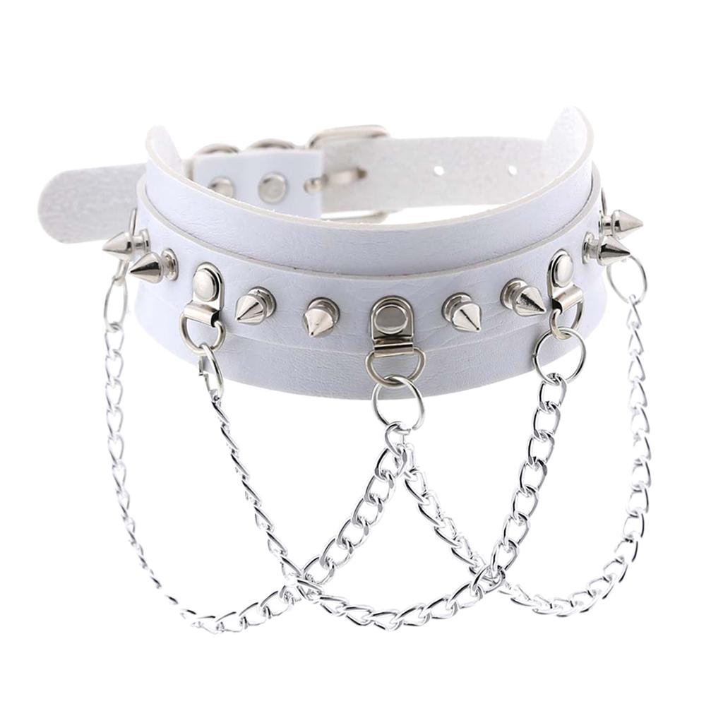 Gothic Pu Leather Choker Women Spike Metal Chain Necklace Punk Jewelry White